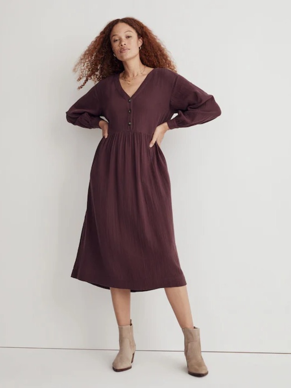 Madewell Lightspun Button-Front Oversized Cotton Midi Dress Dark Fig